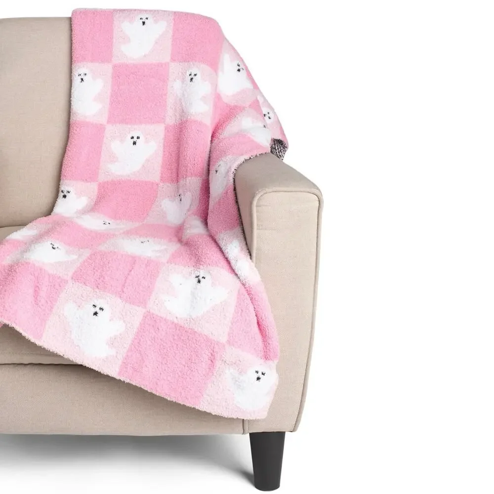 Cupcakes & Cashmere Pink & White Checkered Ghost Throw Blanket Halloween New